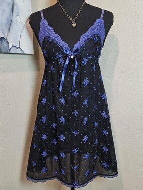 NEW-Y2K Elle Black Fairy Babydoll with Blue Floral Lace and Bow/ Jewel Detail S